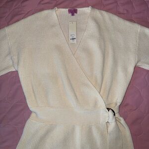 Chic Cream Knit Wrap Mini Dress